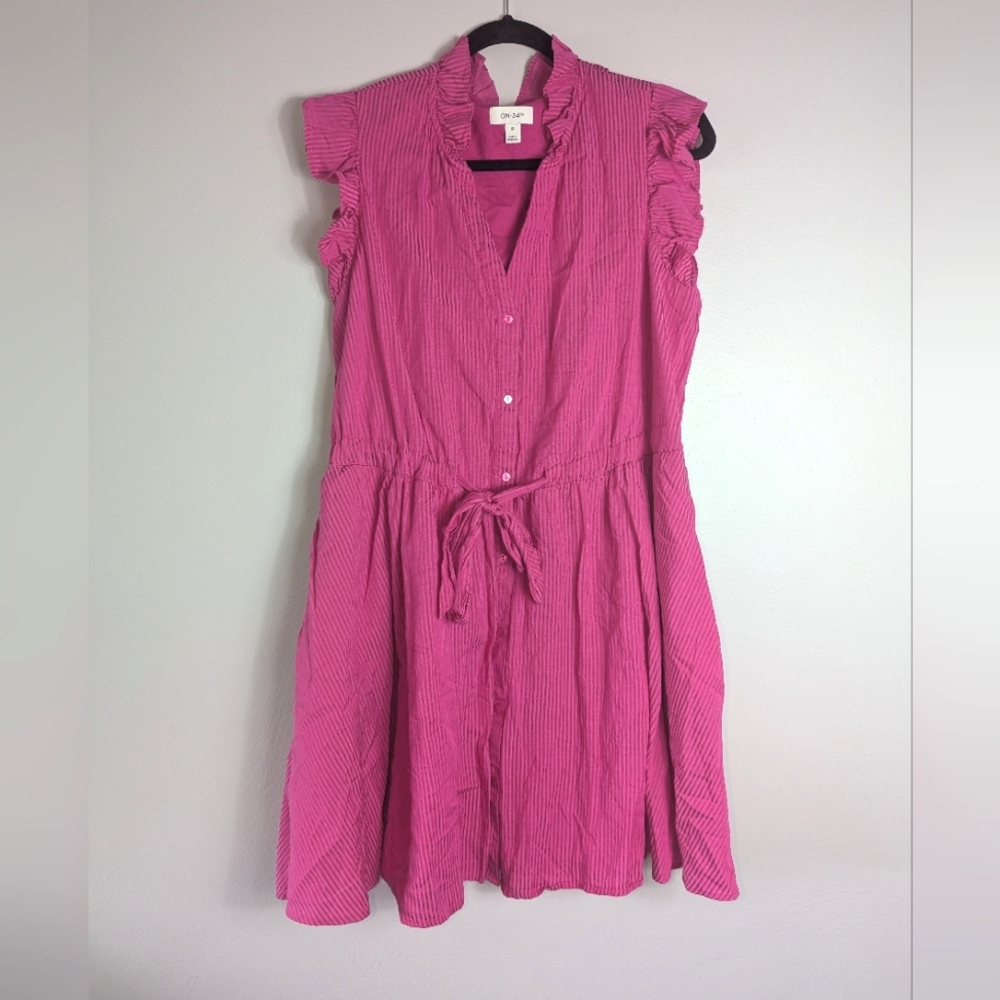 1X On 34th Macy's Pink Pinstripe Button Front Ruffle Trim Dress